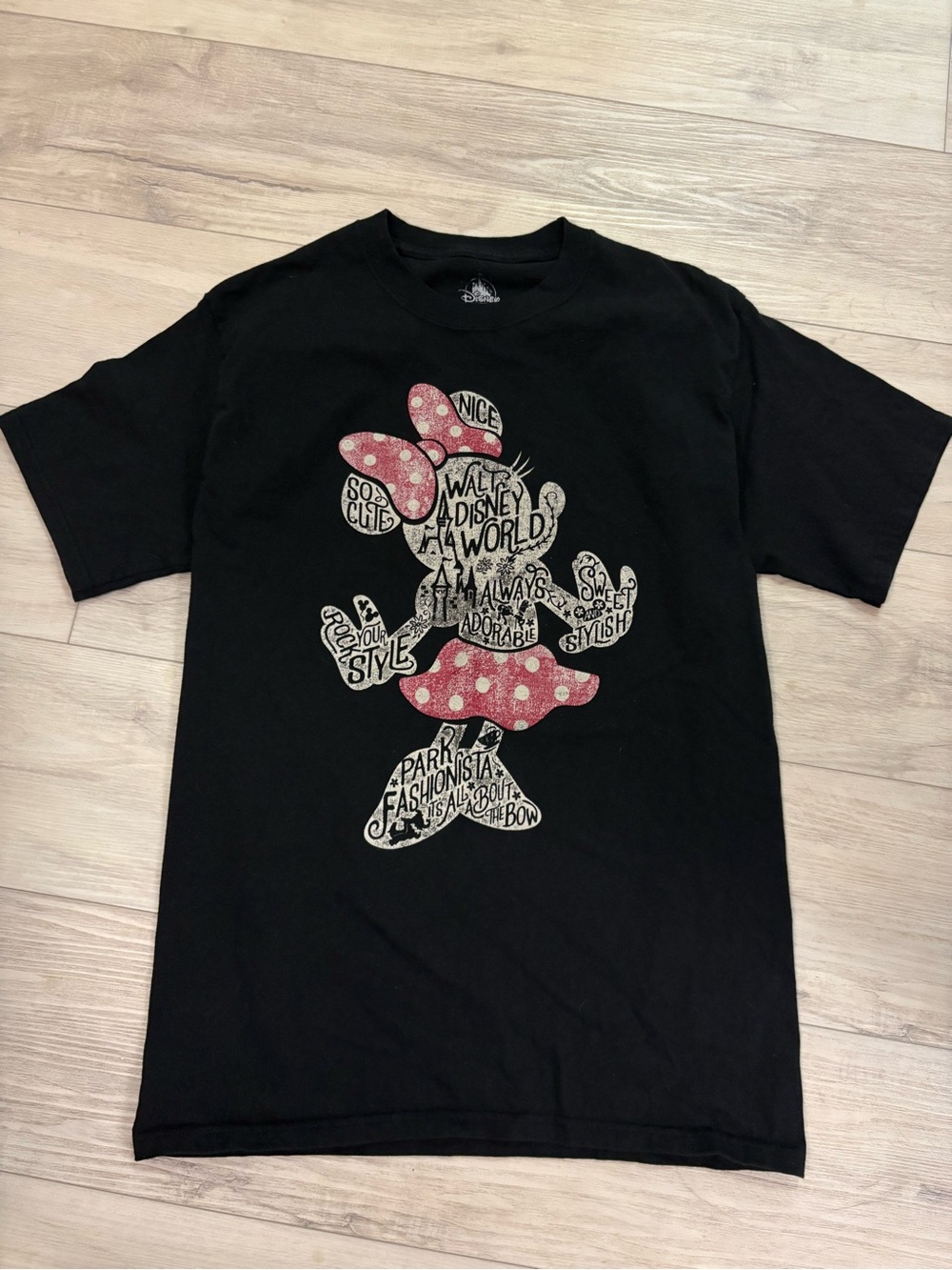 Disney Parks Black Tee with Pink Polka Dot Minnie Graphic